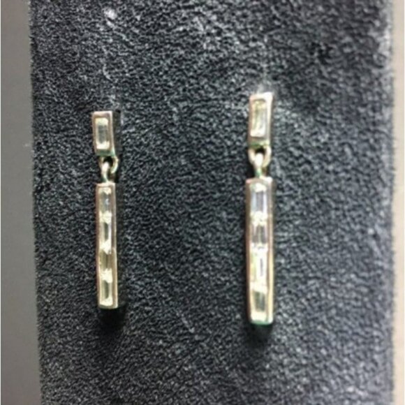 Drop Dangle Pierced Earrings Rectangular Silver Rhinestone Bling Glam Vintage - Picture 2 of 4